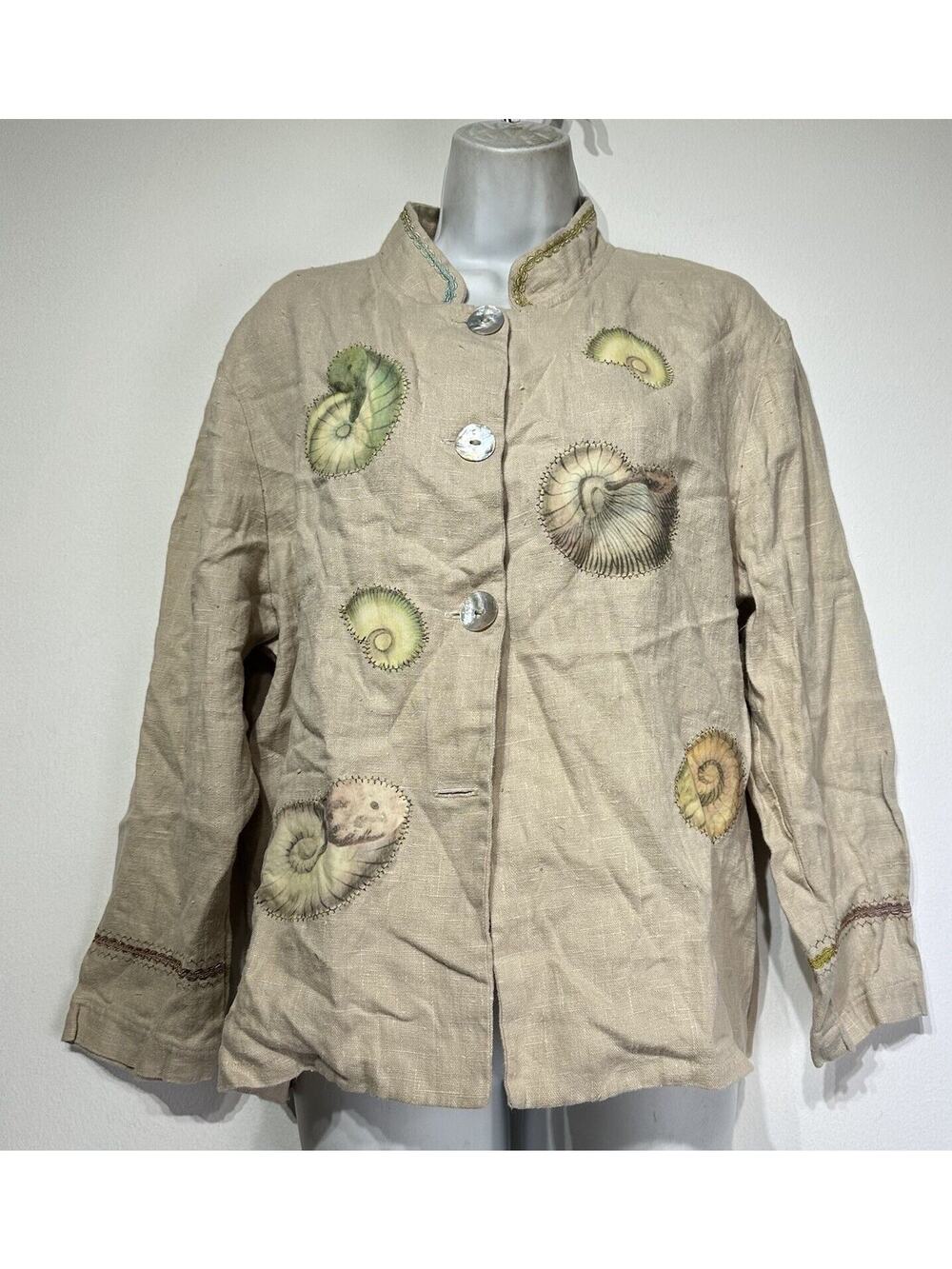 nautical shells beach theme linen hand Painted Lagenlook Art To Wear jacket Top